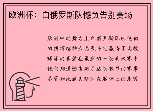 欧洲杯：白俄罗斯队憾负告别赛场