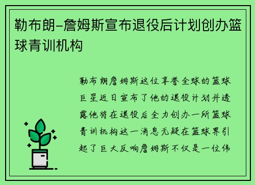 勒布朗-詹姆斯宣布退役后计划创办篮球青训机构