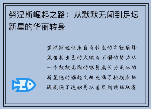 努涅斯崛起之路：从默默无闻到足坛新星的华丽转身