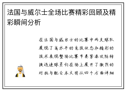 法国与威尔士全场比赛精彩回顾及精彩瞬间分析