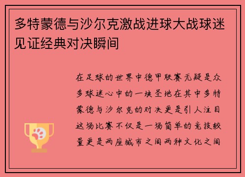 多特蒙德与沙尔克激战进球大战球迷见证经典对决瞬间