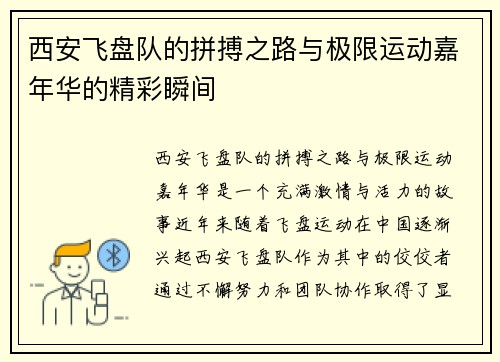 西安飞盘队的拼搏之路与极限运动嘉年华的精彩瞬间