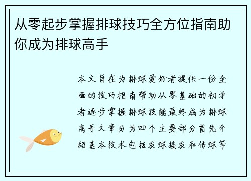 从零起步掌握排球技巧全方位指南助你成为排球高手