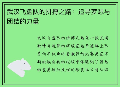 武汉飞盘队的拼搏之路：追寻梦想与团结的力量