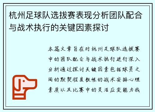 杭州足球队选拔赛表现分析团队配合与战术执行的关键因素探讨